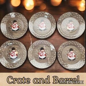 CRATE & BARREL Dessert Plates Skating Snowman Xmas Snowflakes Set of 6 - 8 Inch